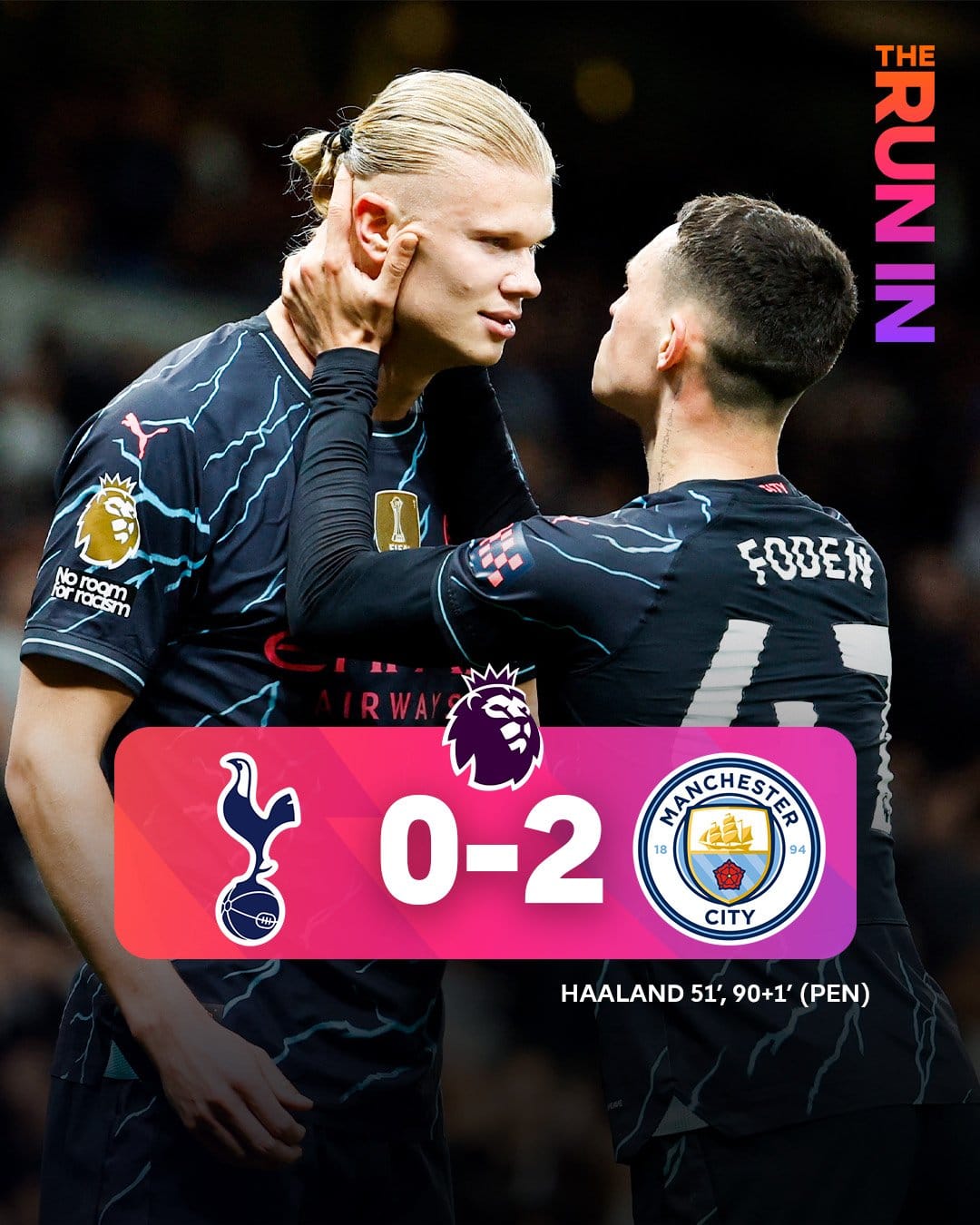 LONDON, ENGLAND - MAY 14: Erling Haaland of Manchester City celebrates scoring his team's first goal during the Premier League match between Tottenham Hotspur and Manchester City at Tottenham Hotspur Stadium on May 14, 2024 in London, England