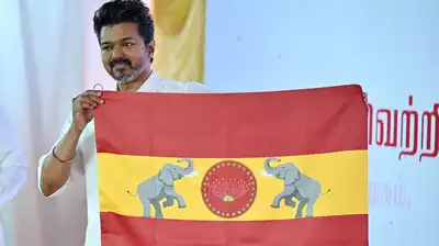 Actor Vijay unveils TVK flag. Photo by R Ramesh Shankar